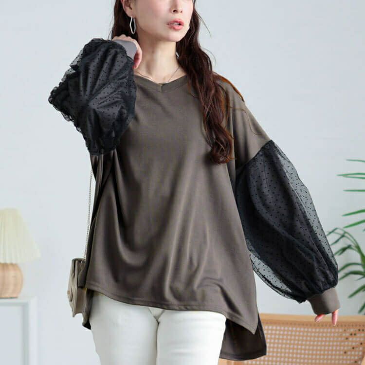 大きいサイズ レディース ドットチュールスリーブプルオーバー　bai-0171