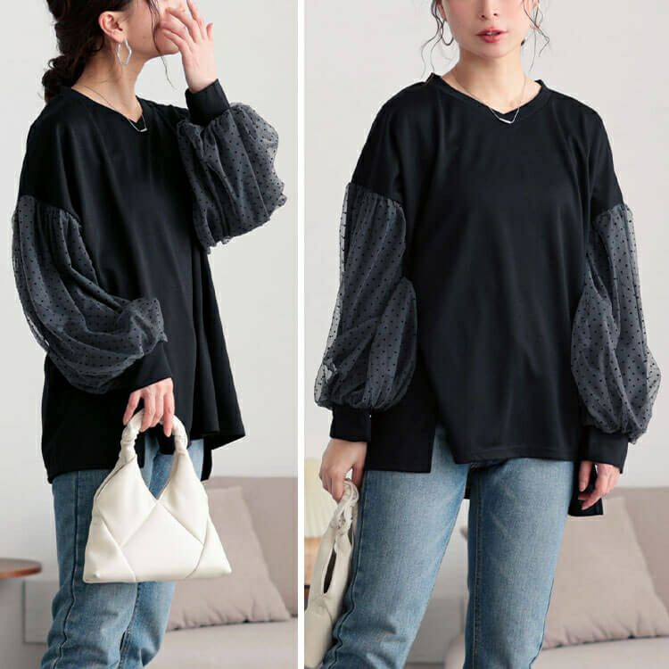 大きいサイズ レディース ドットチュールスリーブプルオーバー　bai-0171