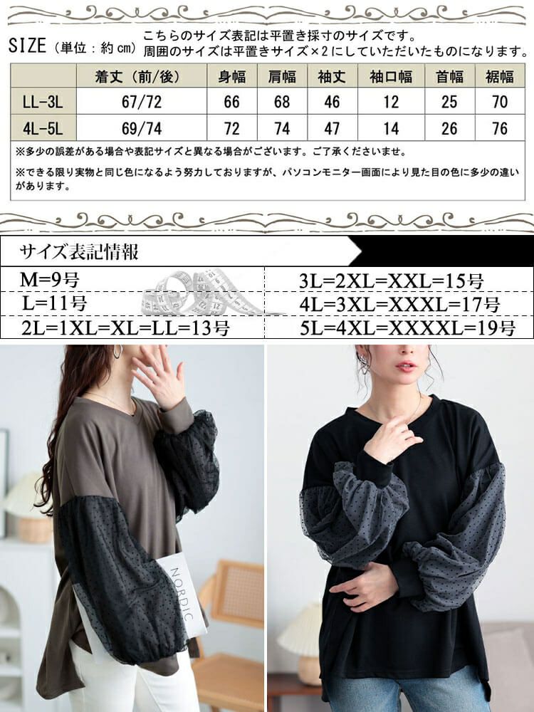 大きいサイズ レディース ドットチュールスリーブプルオーバー　bai-0171