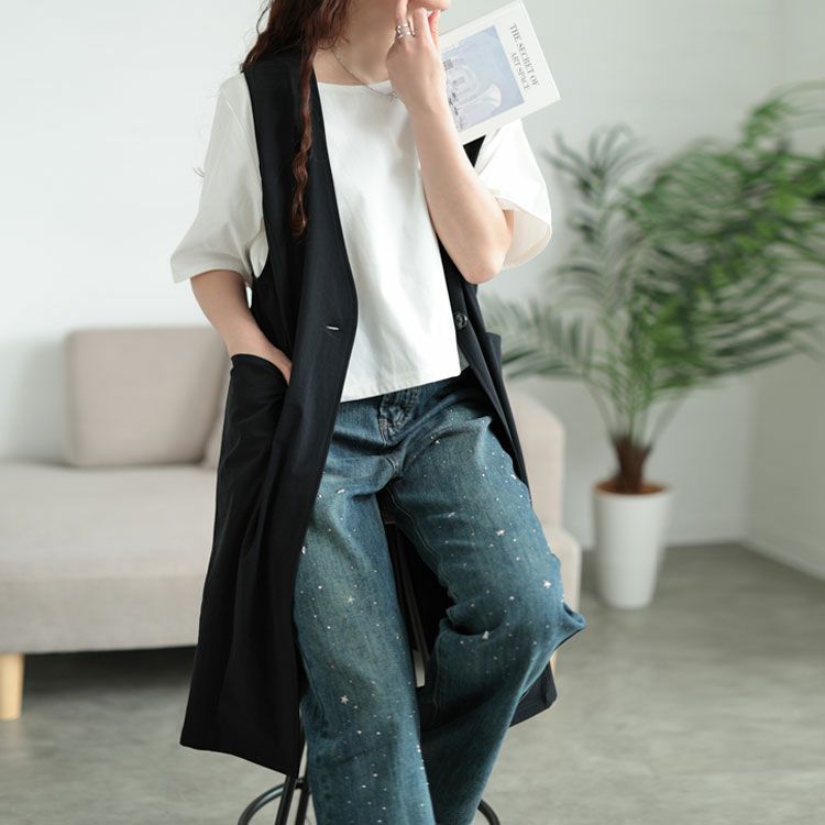 大きいサイズ レディース バックスリットノーカラーロングジレ　maru-30120