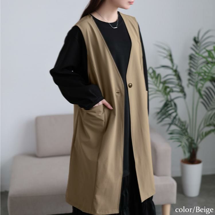 大きいサイズ レディース バックスリットノーカラーロングジレ　maru-30120 ベージュ