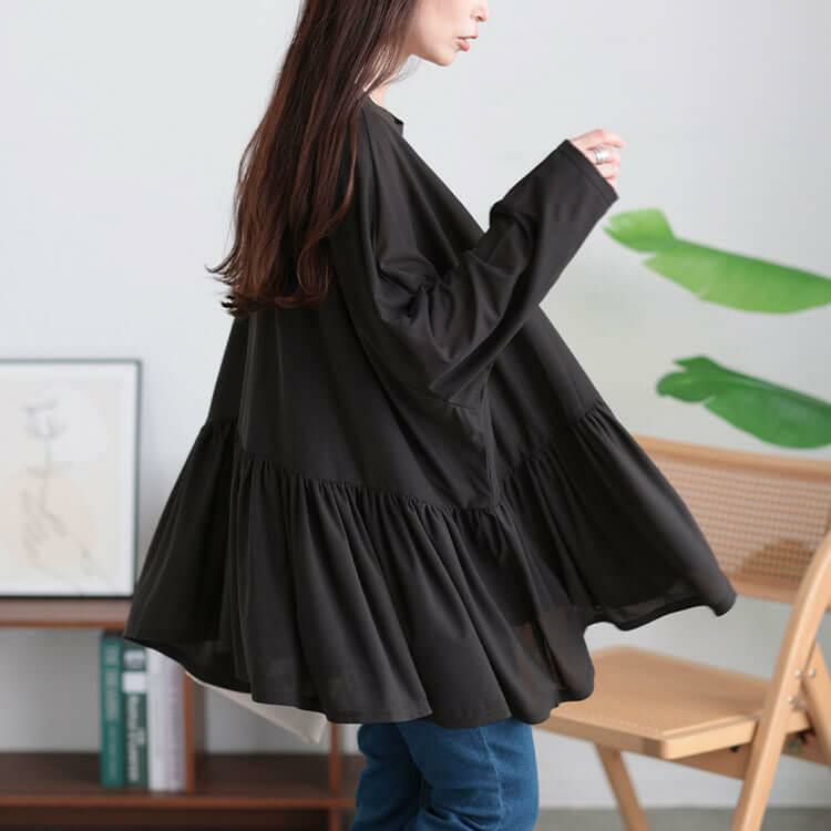 大きいサイズ レディース ストレッチカットシフォンペプラムチュニック　maru-30118 【メール便可】 チャコール