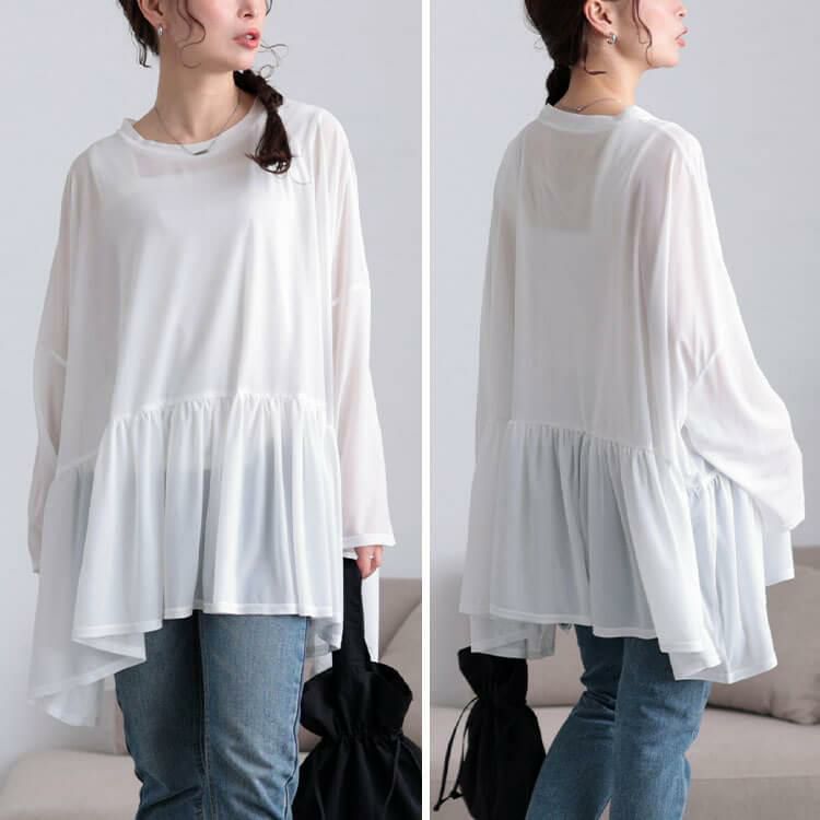 大きいサイズ レディース ストレッチカットシフォンペプラムチュニック　maru-30118 【メール便可】 オフホワイト