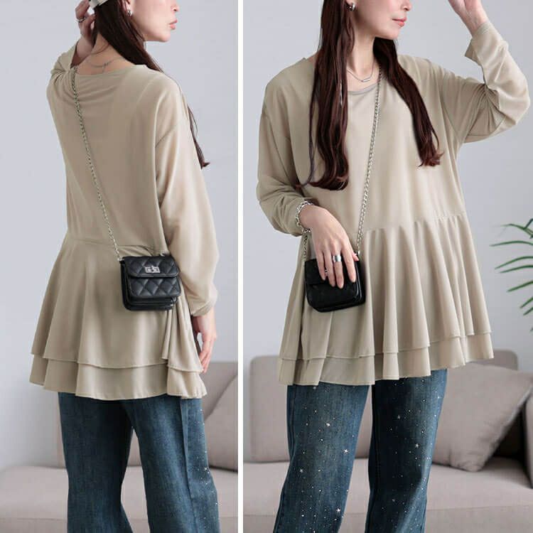 大きいサイズ レディース ストレッチカットシフォンペプラムチュニック　maru-30117 【メール便可】