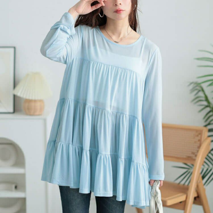 大きいサイズ レディース ストレッチカットシフォンティアードチュニック　maru-30116 【メール便可】