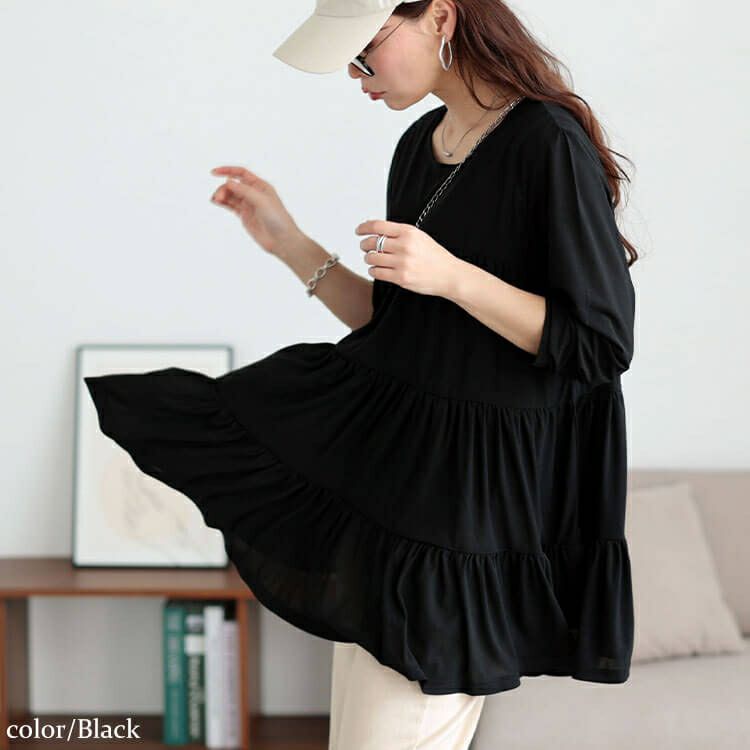 大きいサイズ レディース ストレッチカットシフォンティアードチュニック　maru-30116 【メール便可】