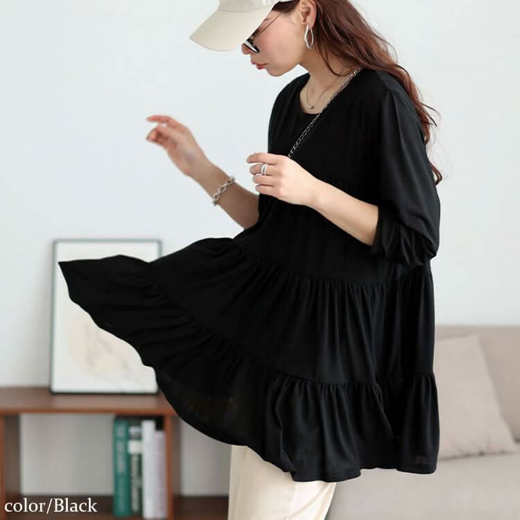 大きいサイズ レディース ストレッチカットシフォンティアードチュニック　maru-30116 【メール便可】 ブラック