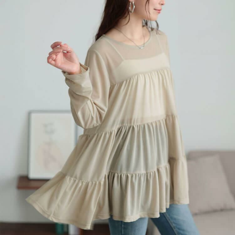 大きいサイズ レディース ストレッチカットシフォンティアードチュニック　maru-30116 【メール便可】 グレージュ