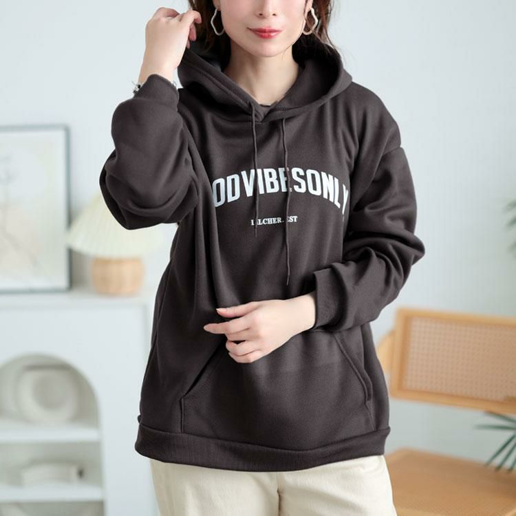 大きいサイズ レディース 裏起毛英字ロゴスウェットパーカー　goldy-1631 グレー