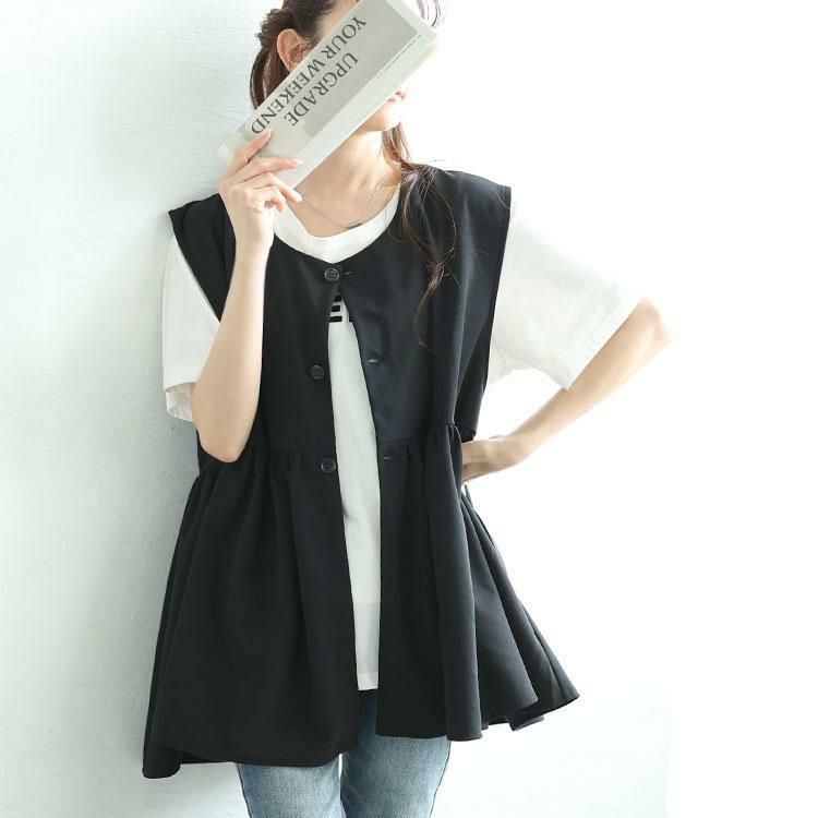 大きいサイズ レディース ジョーゼットペプラムベスト　bai-0178 ブラック