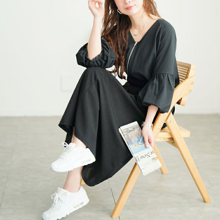 大きいサイズ レディース バルーン袖ドッキングZIPワンピース　nw-25009
