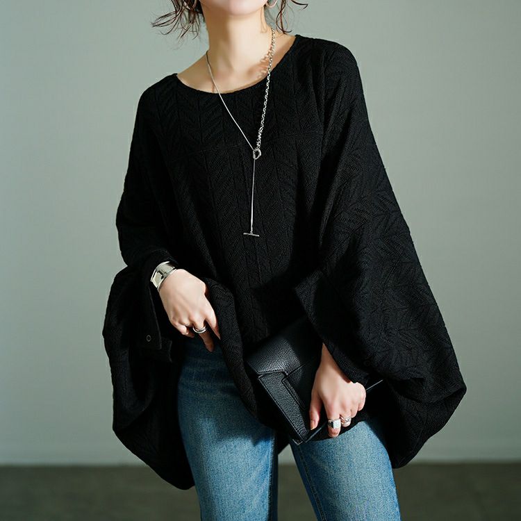 大きいサイズ レディース ヘリンボーンワイドドルマンプルオーバー　nw-25010