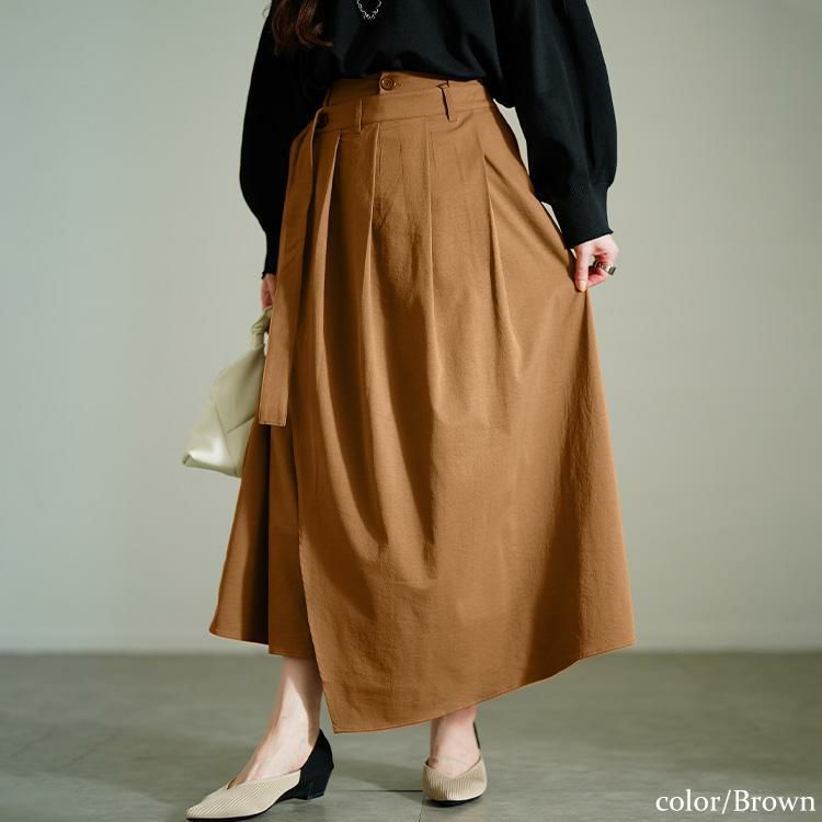 大きいサイズ レディース プリーツラップ付きイレヘムスカート　nw-25002 ブラウン