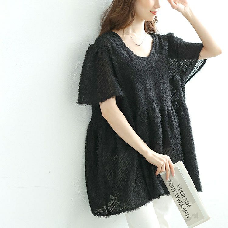 大きいサイズ レディース 前後2wayフリンジジャガードペプラムチュニック　fem-578