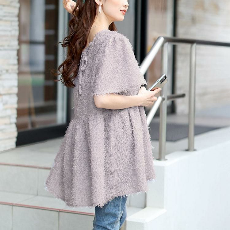 大きいサイズ レディース 前後2wayフリンジジャガードペプラムチュニック　fem-578 グレー