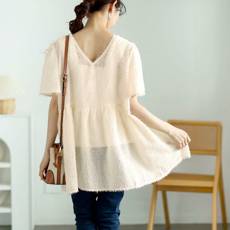 大きいサイズ レディース 前後2wayフリンジジャガードペプラムチュニック　fem-578 オフホワイト