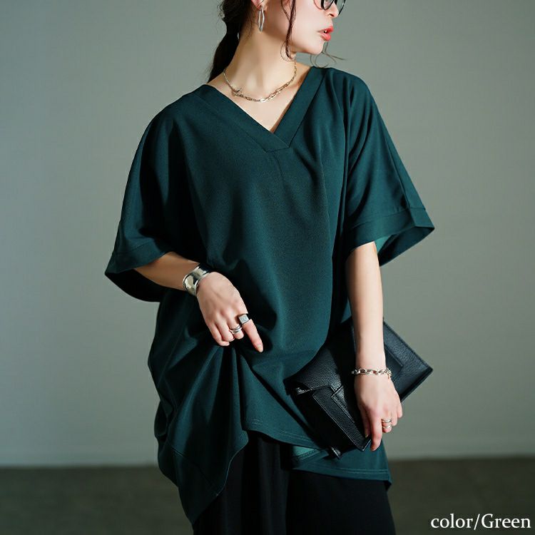 大きいサイズ レディース Vネックタックドルマンチュニック　bai-0179