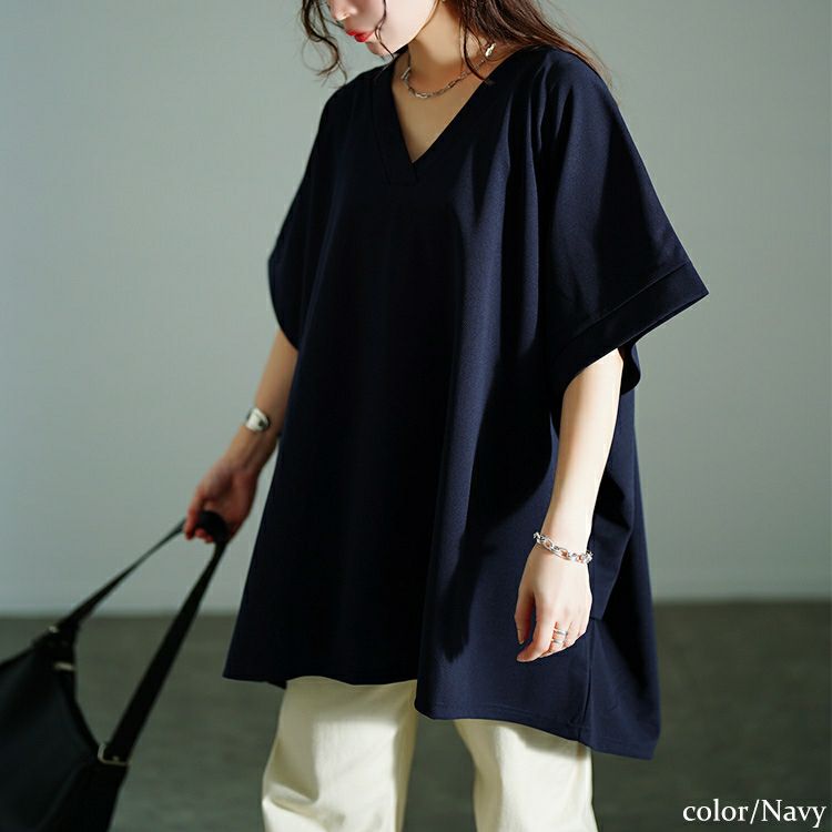 大きいサイズ レディース Vネックタックドルマンチュニック　bai-0179