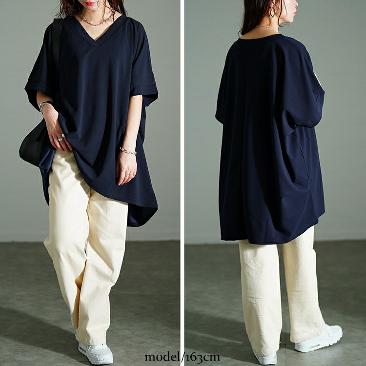 大きいサイズ レディース Vネックタックドルマンチュニック　bai-0179