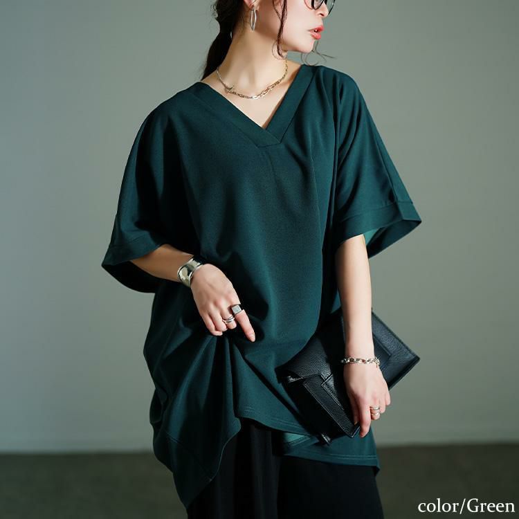 大きいサイズ レディース Vネックタックドルマンチュニック　bai-0179 グリーン
