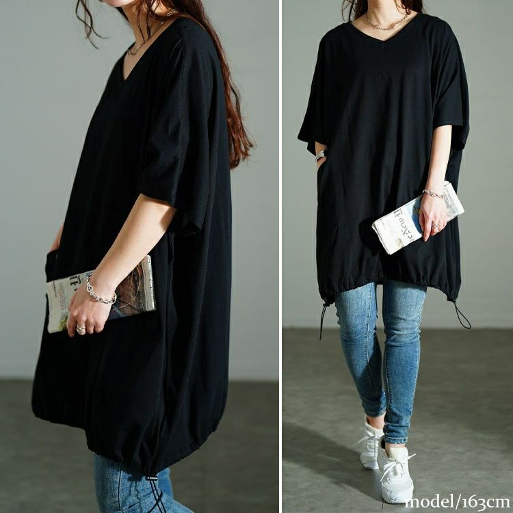 大きいサイズ レディース Vネック裾ドロストドルマンチュニック　bai-0180