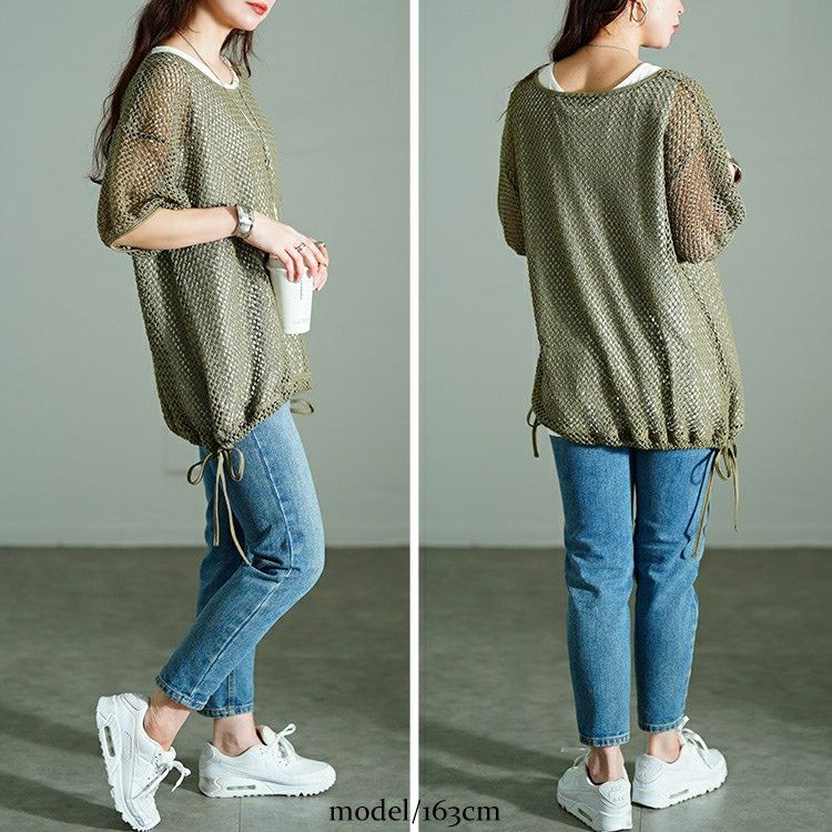 大きいサイズ レディース 裾リボンメッシュニット＆タンクトップ2点セット　bai-0169