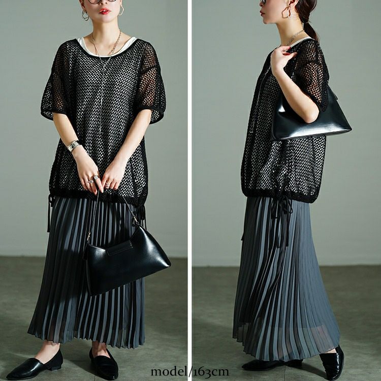 大きいサイズ レディース 裾リボンメッシュニット＆タンクトップ2点セット　bai-0169