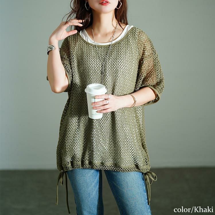 大きいサイズ レディース 裾リボンメッシュニット＆タンクトップ2点セット　bai-0169 カーキ