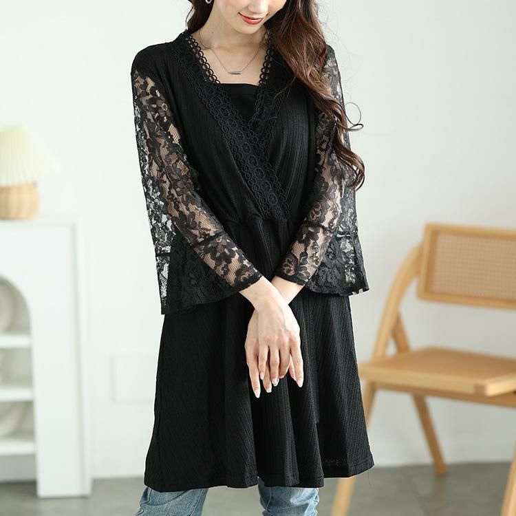 大きいサイズ レディース レースベルスリーブカシュクールチュニック　jp165n ブラック