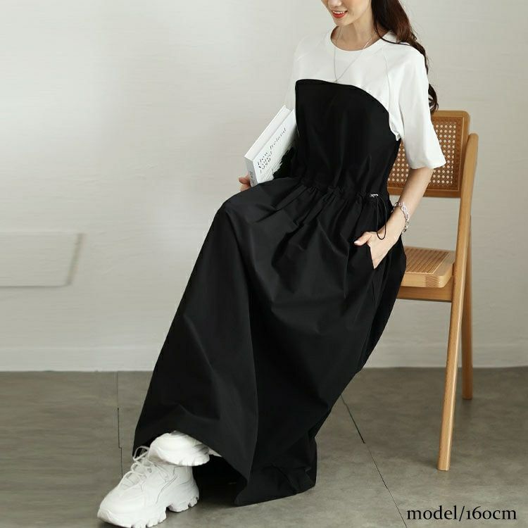 大きいサイズ レディース 異素材ドッキングビスチェワンピース　maru-30123