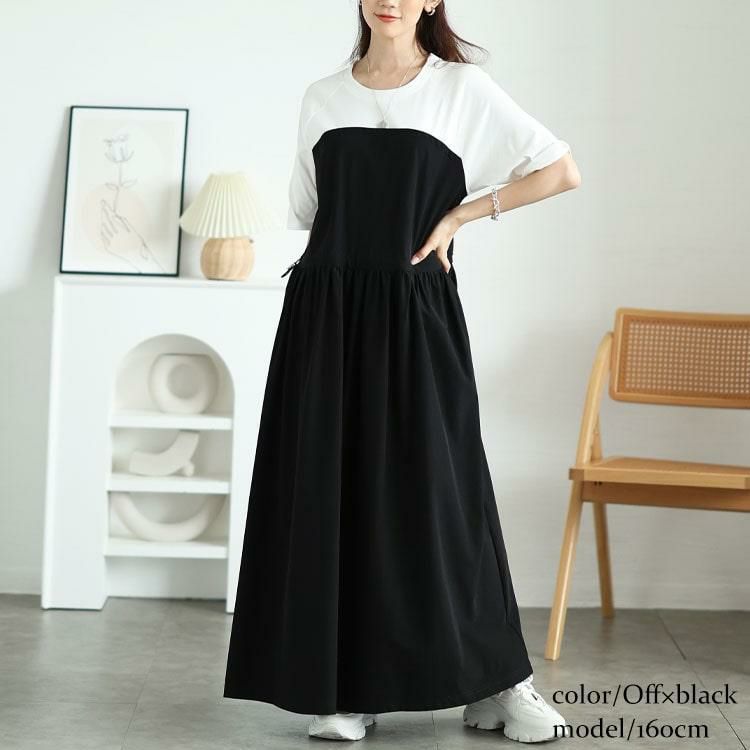 大きいサイズ レディース 異素材ドッキングビスチェワンピース　maru-30123 オフ×ブラック