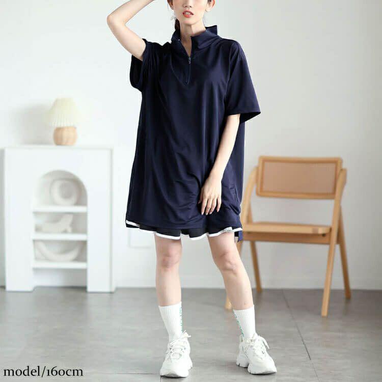 大きいサイズ レディース ハーフZIPミニハイネックチュニック　fem-543 【メール便可】