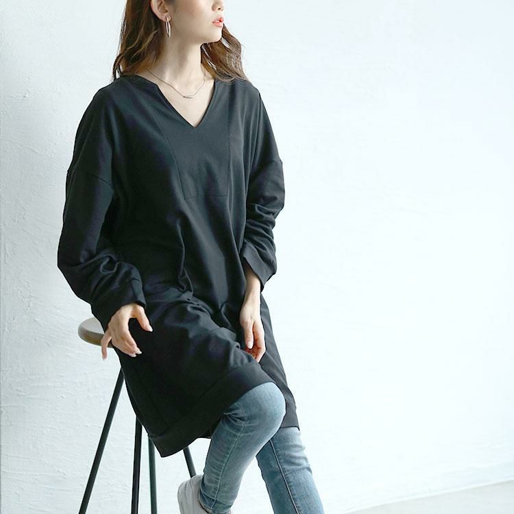 大きいサイズ レディース 深キーネックチュニックワンピース　goldy-1650 ブラック