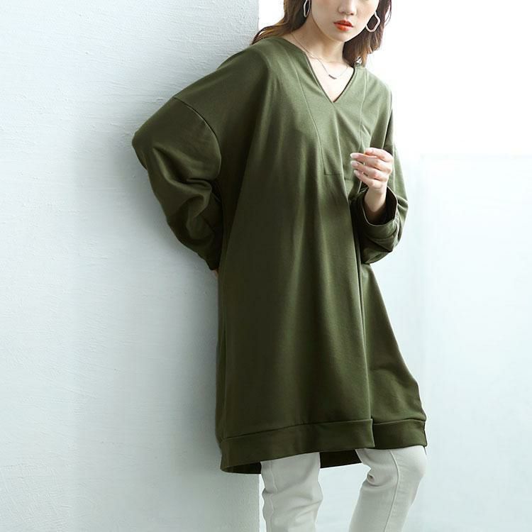 大きいサイズ レディース 深キーネックチュニックワンピース　goldy-1650 カーキ