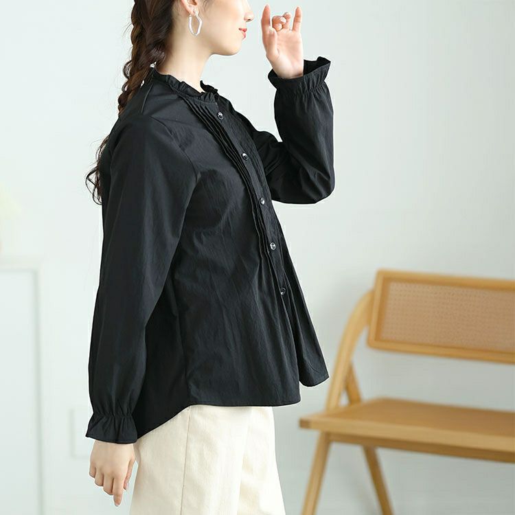 大きいサイズ レディース フリルネックプリーツブラウス　goldy-1634 【メール便可】