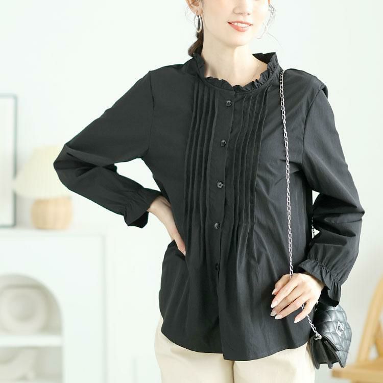 大きいサイズ レディース フリルネックプリーツブラウス　goldy-1634 【メール便可】 ブラック