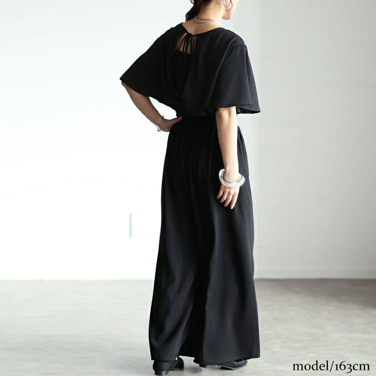 大きいサイズ レディース 深Vネックバックリボンオールインワン　tani-36531ll