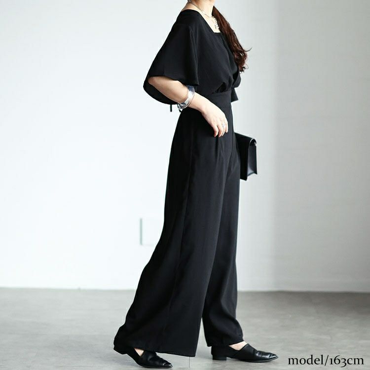 大きいサイズ レディース 深Vネックバックリボンオールインワン　tani-36531ll