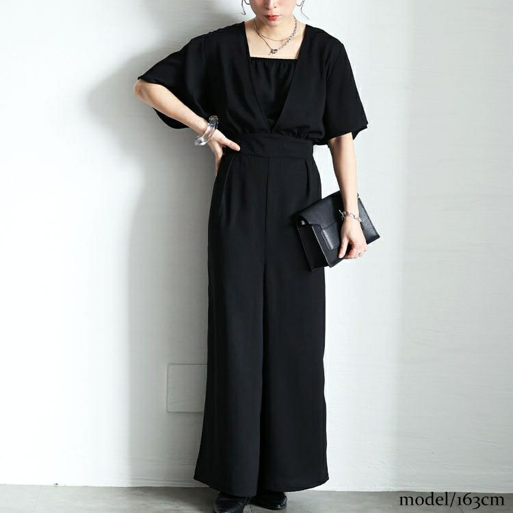 大きいサイズ レディース 深Vネックバックリボンオールインワン　tani-36531ll