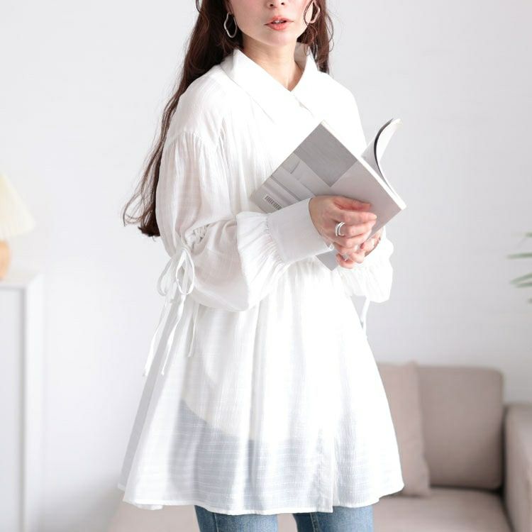 大きいサイズ レディース リボンドロストギャザーシャツチュニック　tani-36798ll