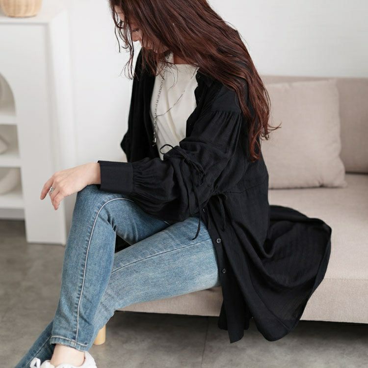 大きいサイズ レディース リボンドロストギャザーシャツチュニック　tani-36798ll