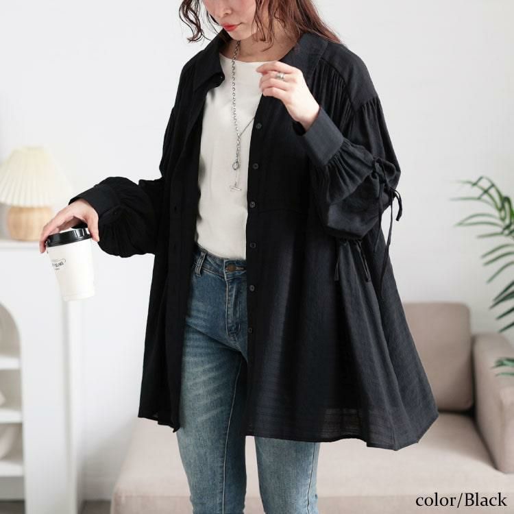 大きいサイズ レディース リボンドロストギャザーシャツチュニック