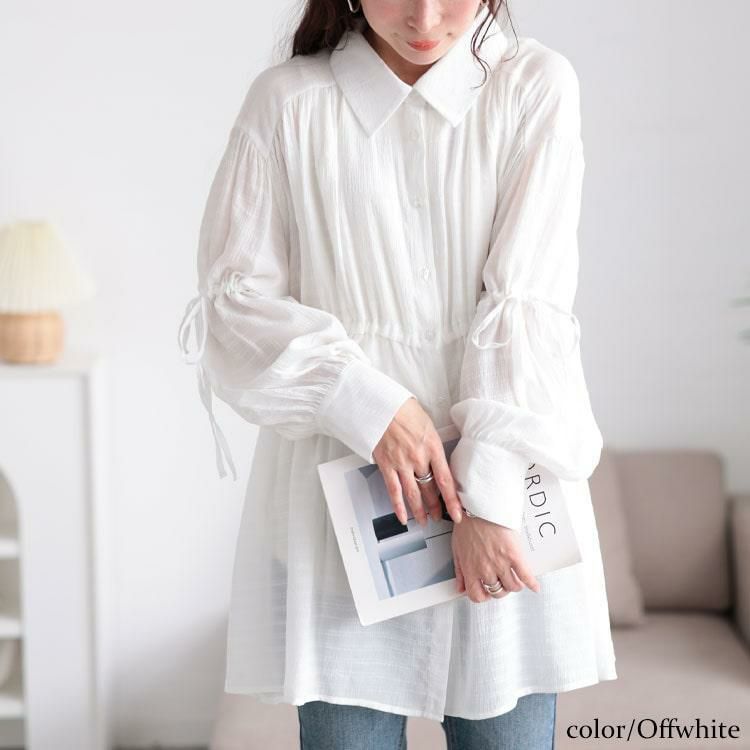 大きいサイズ レディース リボンドロストギャザーシャツチュニック　tani-36798ll オフホワイト