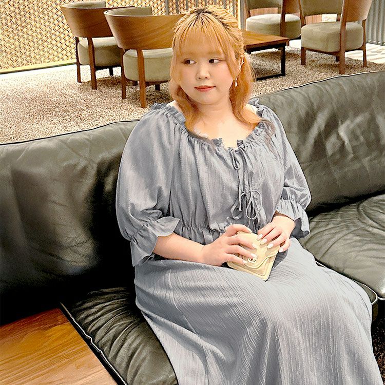 大きいサイズ レディース リボンフリルブラウス＆キャミワンピース2点セット　tani-36797ll