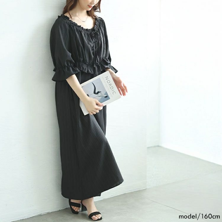 大きいサイズ レディース リボンフリルブラウス＆キャミワンピース2点セット　tani-36797ll