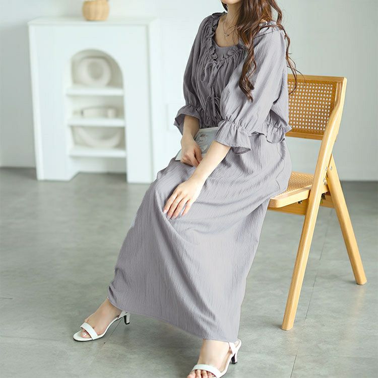 大きいサイズ レディース リボンフリルブラウス＆キャミワンピース2点セット　tani-36797ll