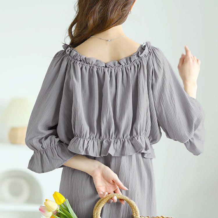 大きいサイズ レディース リボンフリルブラウス＆キャミワンピース2点セット　tani-36797ll