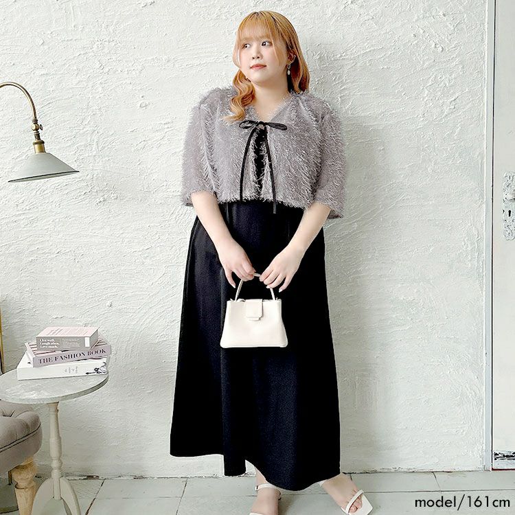 大きいサイズ レディース ラメフェザーリボンボレロ＆キャミワンピース2点セット　tani-36804ll