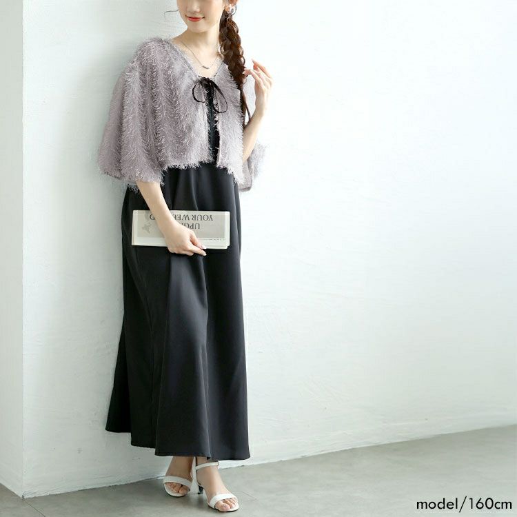 大きいサイズ レディース ラメフェザーリボンボレロ＆キャミワンピース2点セット　tani-36804ll