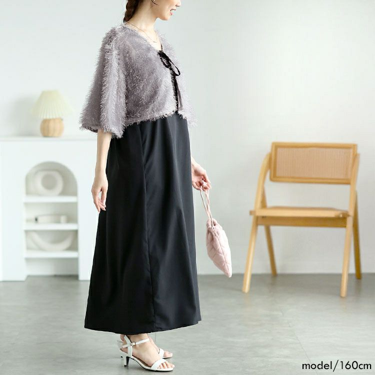 大きいサイズ レディース ラメフェザーリボンボレロ＆キャミワンピース